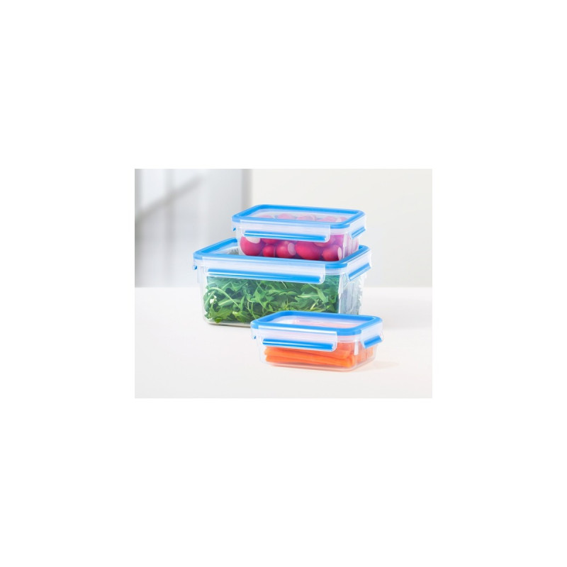 Emsa CLIP & CLOSE Frischhaltedosen-Set, 3-teilig(transparent/blau, rechteckig, 3 Dosen + 3 Deckel)