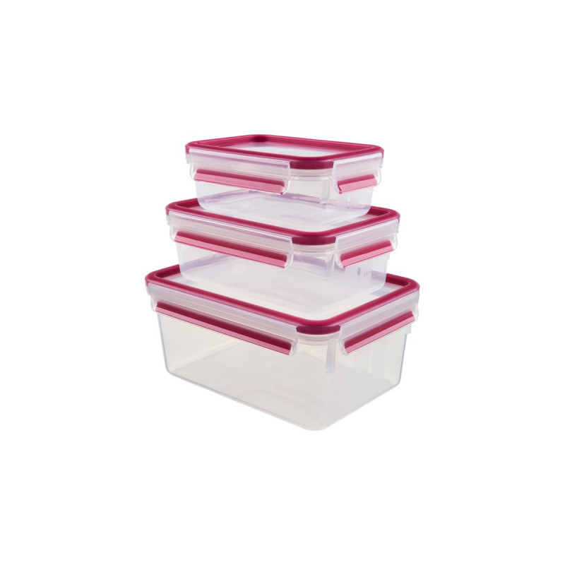 Emsa CLIP & CLOSE Frischhaltedosen-Set, 3-teilig(transparent/himbeere, rechteckig, 3 Dosen + 3 Deckel)