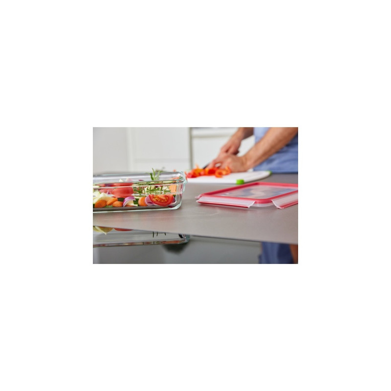 Emsa CLIP & CLOSE Glas-Frischhaltedose 0,7 Liter(transparent/rot, rechteckig)