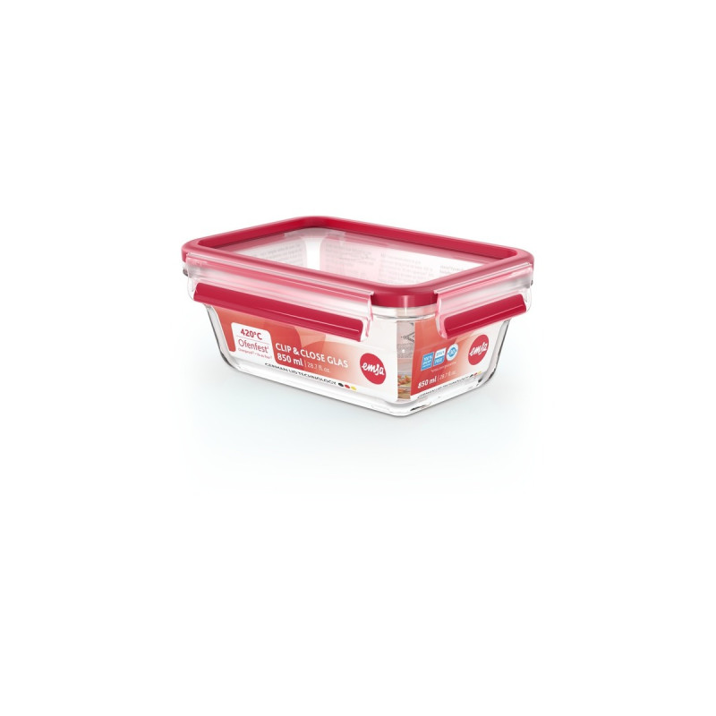 Emsa CLIP & CLOSE Glas-Frischhaltedose 0,85 Liter(transparent/rot, rechteckig)
