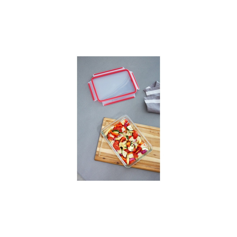 Emsa CLIP & CLOSE Glas-Frischhaltedose 0,8 Liter(transparent/rot, quadratisch)