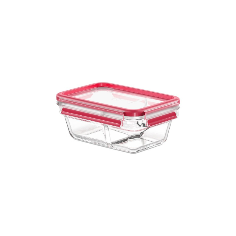 Emsa CLIP & CLOSE Glas-Frischhaltedose 0,8 Liter, getrennt(transparent/rot, rechteckig, mit integrierter Trennwand)