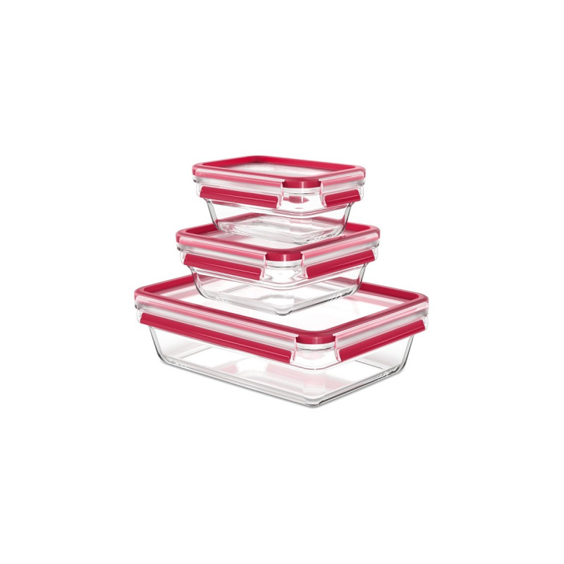 Emsa CLIP & CLOSE Glas-Frischhaltedose, 3-teiliges Set(transparent/rot, rechteckig, 3 Dosen + 3 Deckel)