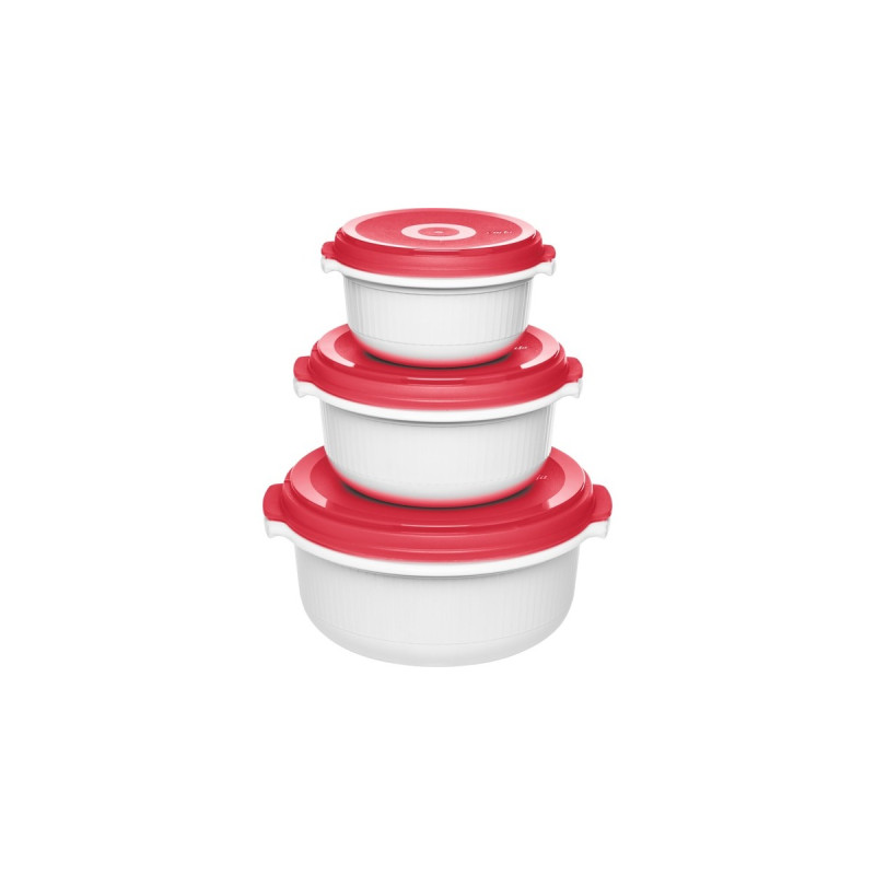 Emsa MICRO FAMILY Mikrowellentopf, Starterset 3-teilig, Dose(weiß/rot, 3 Töpfe, 3 Deckel)