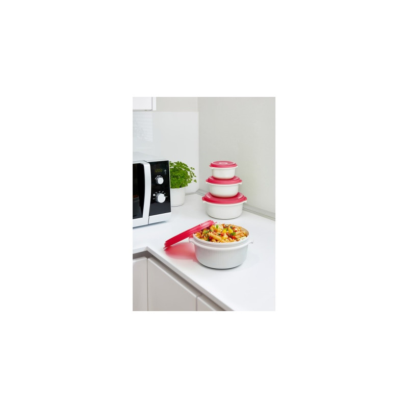 Emsa MICRO FAMILY Mikrowellentopf, Starterset 3-teilig, Dose(weiß/rot, 3 Töpfe, 3 Deckel)
