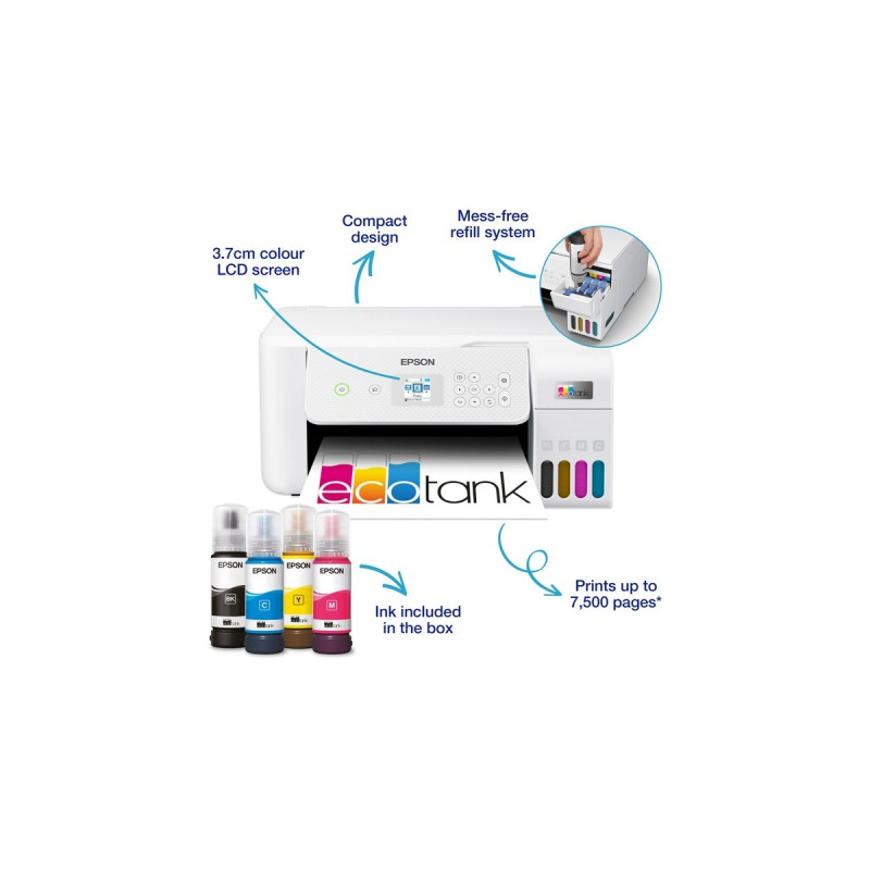 Epson EcoTank ET-2826, Multifunktionsdrucker(weiß, Scan, Kopie, USB, WLAN)