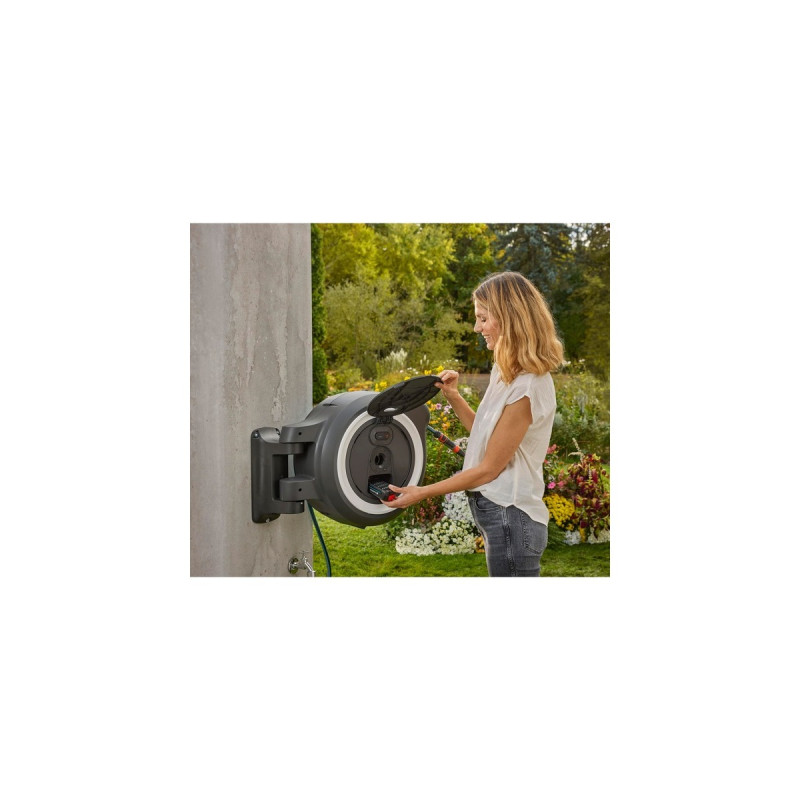 GARDENA Akku-Wand-Schlauchbox PowerRoll XL 18V P4A, 35 Meter, Schlauchtrommel(grau/weiß, Li-Ion Akku 2,5Ah, POWER FOR ALL ALLIANCE)