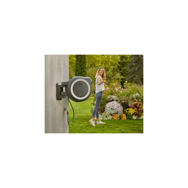 GARDENA Akku-Wand-Schlauchbox PowerRoll XXL 18V P4A, 40 Meter, Schlauchtrommel(grau/weiß, Li-Ion Akku 2,5Ah, POWER FOR ALL ALLIANCE)