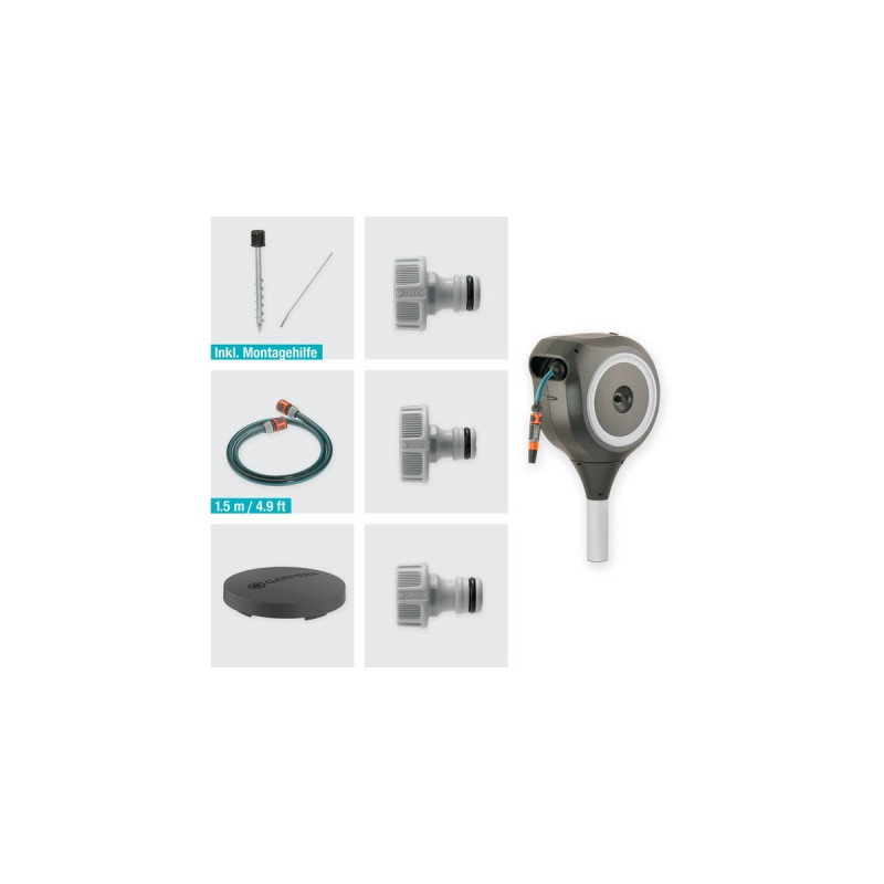 GARDENA Garten-Schlauchbox RollUp M, 20 Meter, Schlauchtrommel(grau, mit Erdspieß)