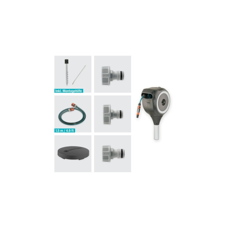 GARDENA Garten-Schlauchbox RollUp S, 15 Meter, Schlauchtrommel(grau, mit Erdspieß)