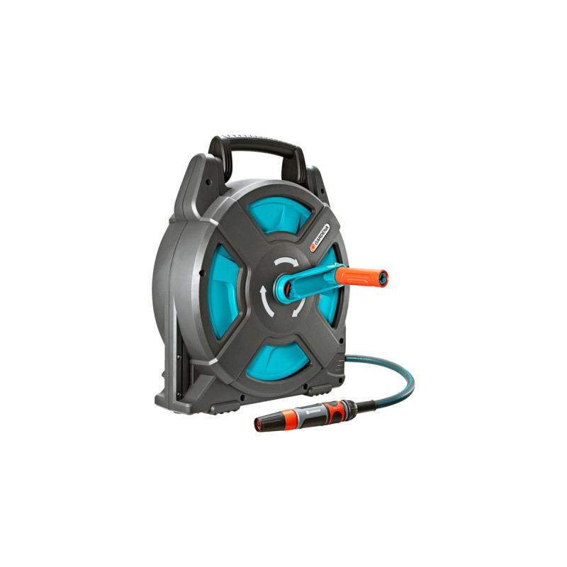 GARDENA Schlauchbox Classic 15 Set, mit Schlauch, Systemteilen und Spritze, Schlauchtrommel(grau/türkis, 15 Meter + 1,5 Meter)