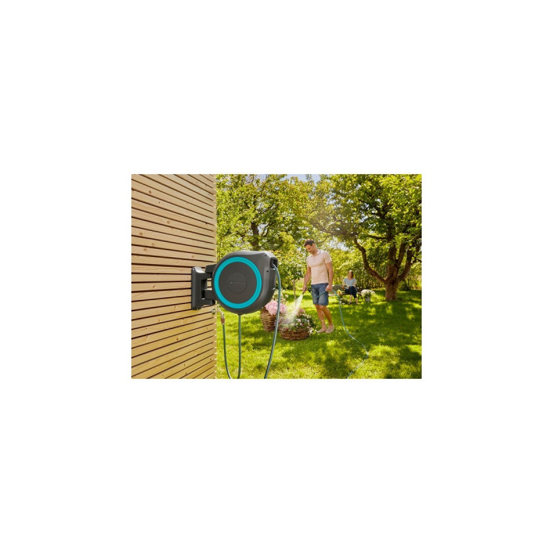 GARDENA Wand-Schlauchbox RollUp XL, 35 Meter, Schlauchtrommel(grau/türkis)