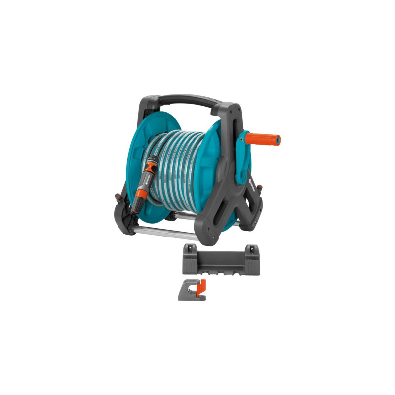 GARDENA Wand-Schlauchtrommel Classic 50 Set, mit Schlauch(grau/türkis, 20 Meter, mit Systemteilen und Spritze)