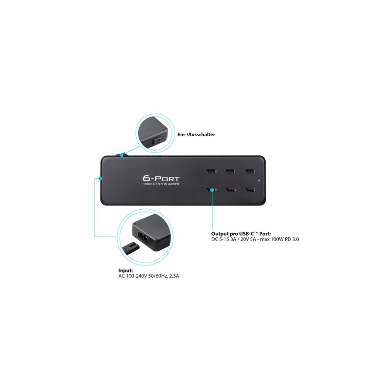 Good Connections USB-Schnellladestation 120 Watt, 6-Port, Ladegerät(schwarz, PD 3.0, QC 4+, USB-C)