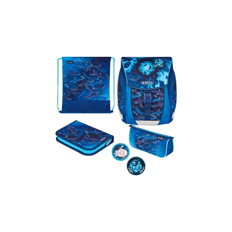 Herlitz FiloLight Plus Deep Sea, Schulranzen(dunkelblau/neon-blau, inkl. befülltem 16 tlg. Schüleretui, Faulenzer-Mäppchen, Sportbeutel)