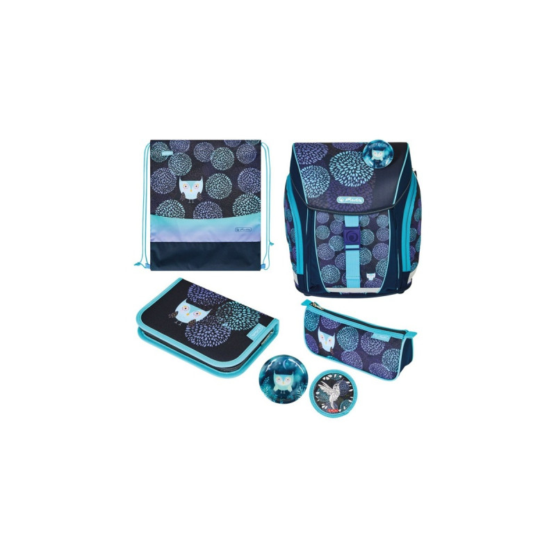 Herlitz FiloLight Plus Flower Owl, Schulranzen(dunkelblau/hellblau, inkl. befülltem 16 tlg. Schüleretui, Faulenzer Mäppchen, Sportbeutel)