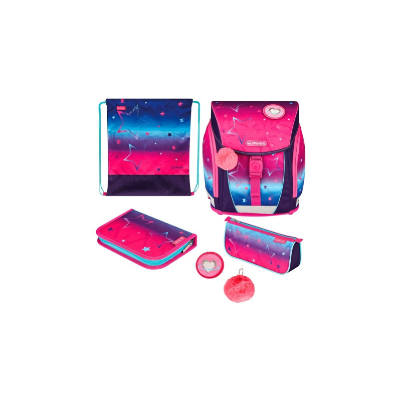 Herlitz FiloLight Plus Pink Stars, Schulranzen(pink/lila, inkl. befülltem 16 tlg. Schüleretui, Faulenzer-Mäppchen, Sportbeutel)