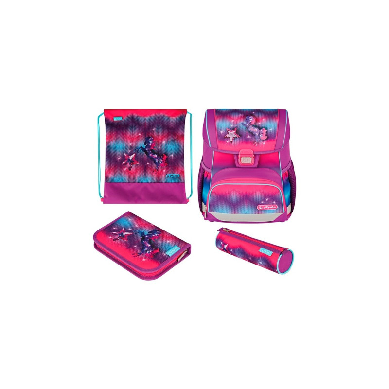 Herlitz Loop Plus Funky Horse, Schulranzen(lila/pink, inkl. 16 tlg. Schüleretui, Faulenzer-Mäppchen, Sportbeutel)