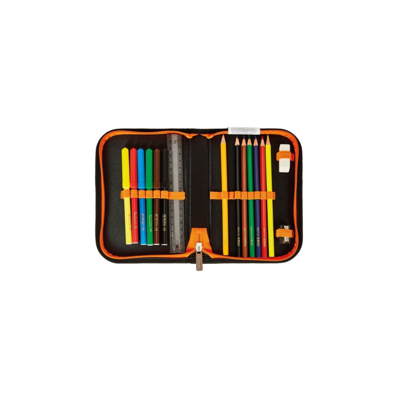 Herlitz Loop Plus Mechanic, Schulranzen(schwarz/hellorange, inkl. 16 tlg. Schüleretui, Faulenzermäppchen, Sportbeutel)