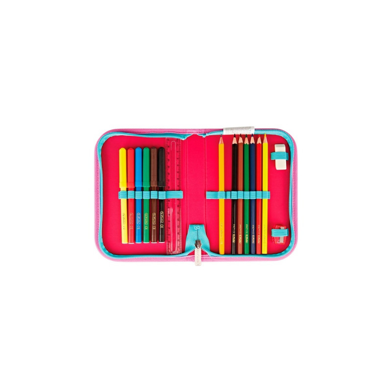 Herlitz SoftLight Plus GreenLine Pink Bubbles, Schulranzen(pink/hellblau, inkl. befülltem 16 tlg. Schüleretui, Faulenzermäppchen, Sportbeutel)