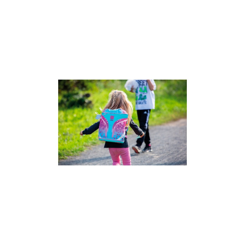 Herlitz SoftLight Plus GreenLine Pink Bubbles, Schulranzen(pink/hellblau, inkl. befülltem 16 tlg. Schüleretui, Faulenzermäppchen, Sportbeutel)