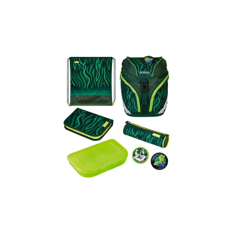 Herlitz SoftLight Plus Jungle, Schulranzen(grün/dunkelgrün, inkl. befülltem 16 tlg. Schüleretui, Faulenzermäppchen, Sportbeutel)