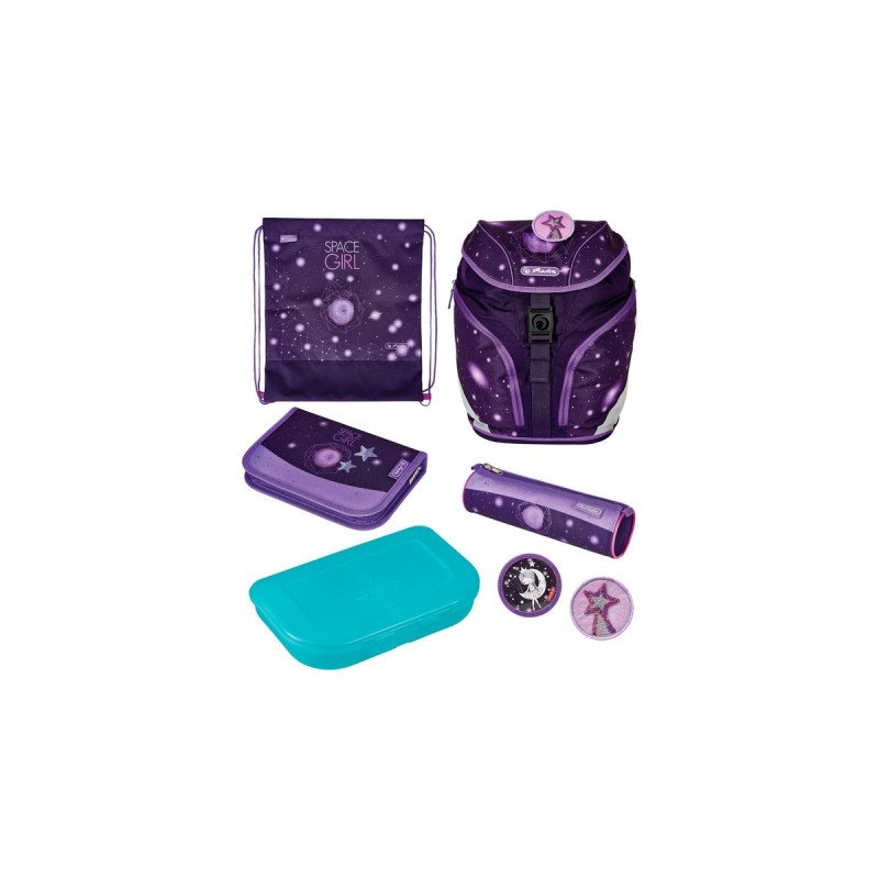 Herlitz SoftLight Plus Space Girl, Schulranzen(violett, inkl. befülltem 16 tlg. Schüleretui, Faulenzermäppchen, Sportbeutel)