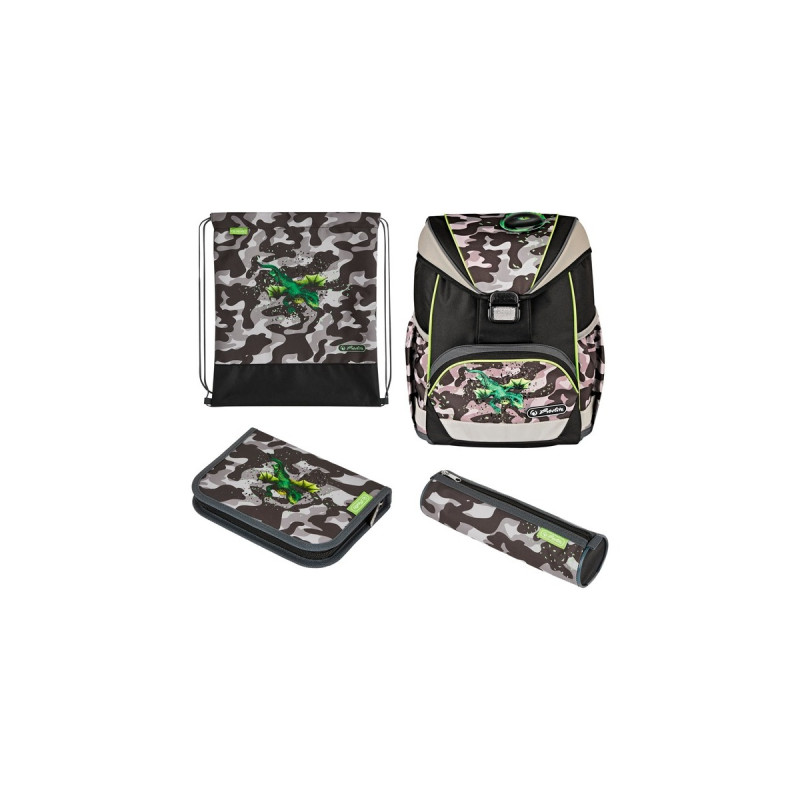 Herlitz UltraLight Plus Camo Dragon, Schulranzen(grau/braun, inkl. 16 tlg. Schüleretui, Faulenzermäppchen, Sportbeutel)