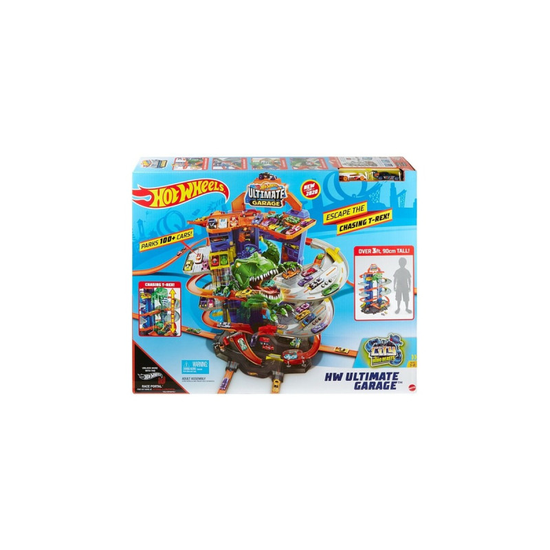 Hot Wheels Megacity Parkgarage mit T-Rex-Angriff, Spielgebäude(Inkl. 2 Hot Wheels Fahrzeuge)
