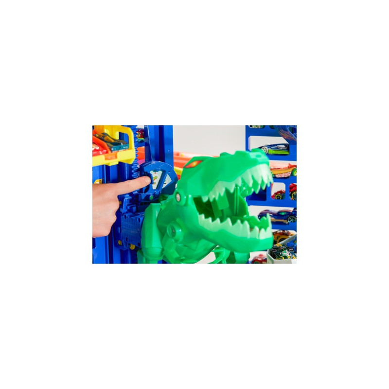 Hot Wheels Megacity Parkgarage mit T-Rex-Angriff, Spielgebäude(Inkl. 2 Hot Wheels Fahrzeuge)