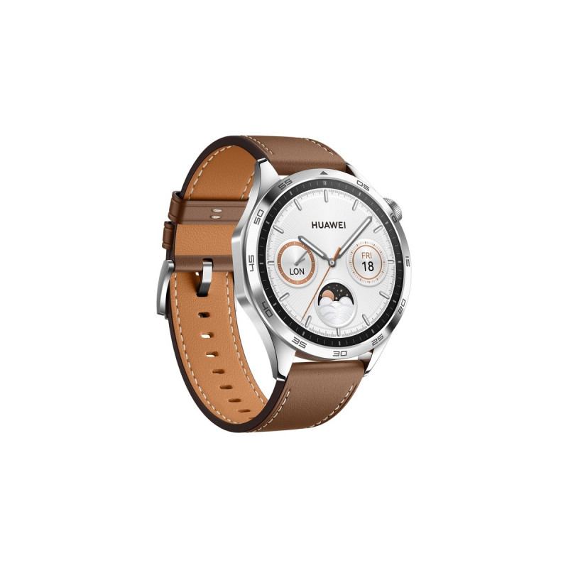 Huawei Watch GT4 46mm (Phoinix-B19L), Smartwatch(silber, braunes Lederarmband)