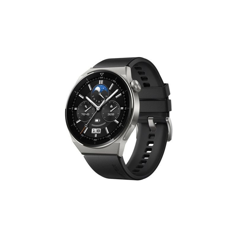 Huawei Watch GT 3 Pro Titanium, Smartwatch(titan, 46mm; Armband: schwarzes Fluorelastomer-Armband)