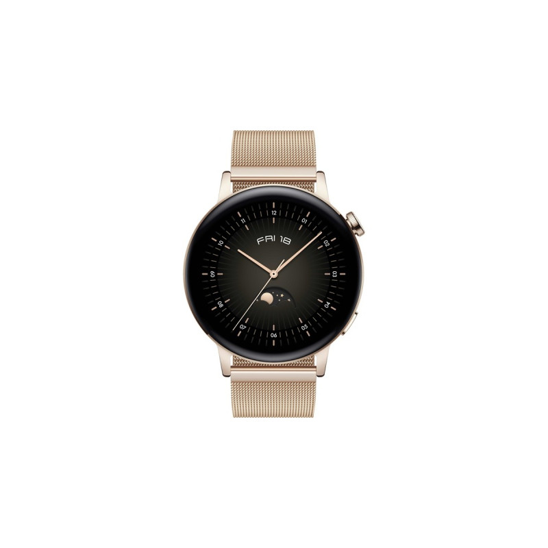 Huawei Watch GT 3, Smartwatch(schwarz/gold, 42mm; Armband: Gold, Milanaise-Armband)