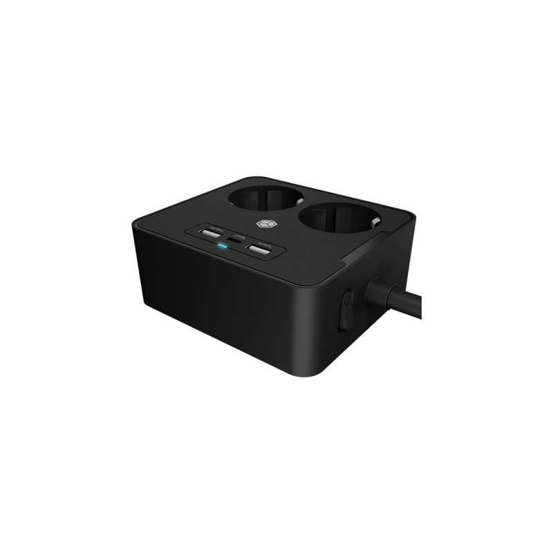 ICY BOX Steckdosenleiste IB-MPS2220B-CH, 2-fach, 3x USB(schwarz, 1,9 Meter Kabel, Schalter)