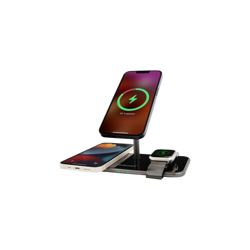 Intenso 3in1 Magnetic Wireless Charging Stand MB13, Ladestation(schwarz, für iPhones mit MagSafe, TWS und Watch, PD3.0, Quick Charge 3.0)