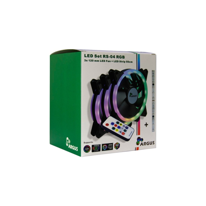 Inter-Tech Argus RGB-Fan Set RS-04 120x120x25, Gehäuselüfter(schwarz, 3er Pack, Fernbedienung, 1x RGB LED-Streifen, Steuerungseinheit)
