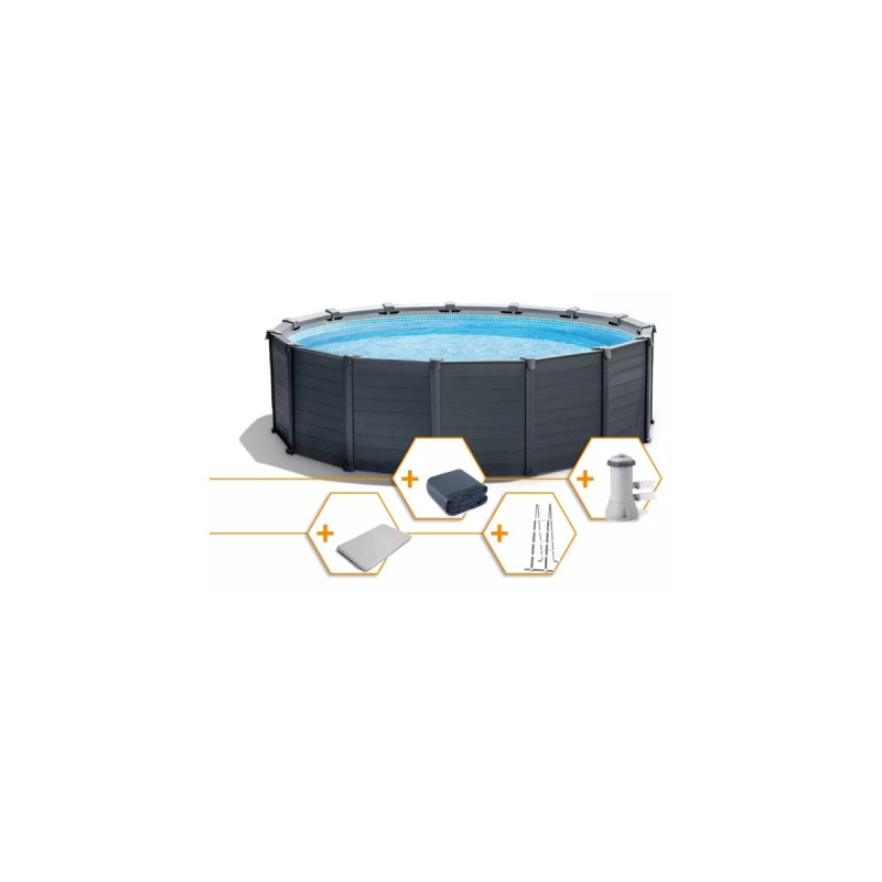 Intex Frame Pool Set Graphit Ø 478 x 124cm, Schwimmbad(dunkelgrau/blau, mit Sandfilteranlage)