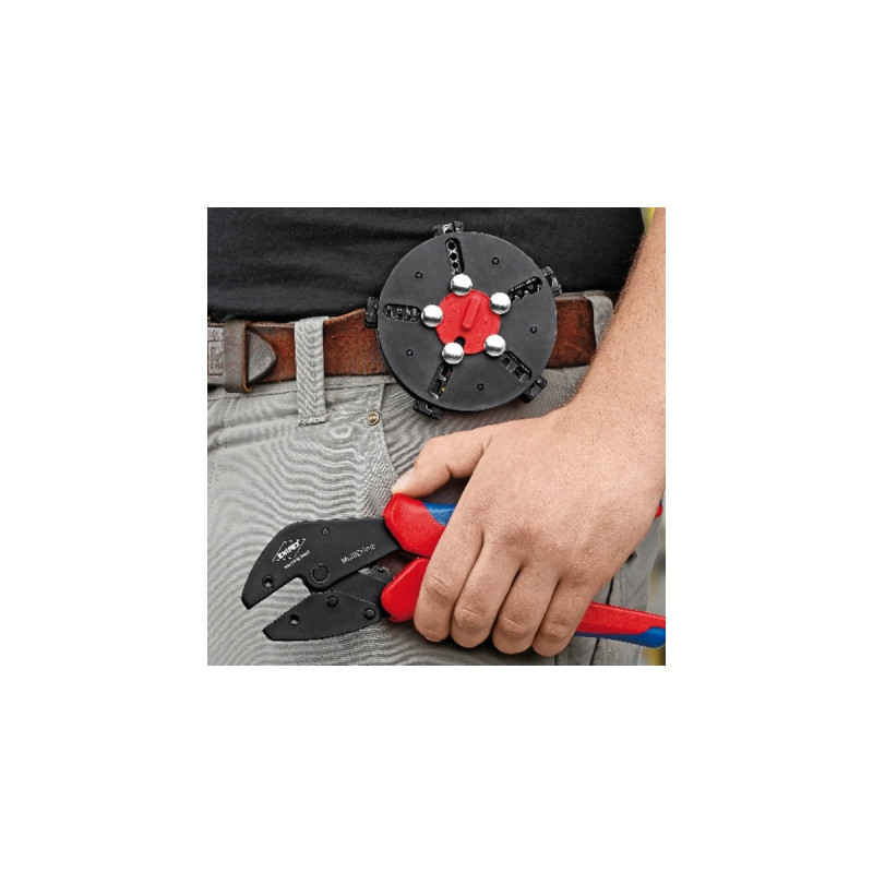 KNIPEX MultiCrimp 97 33 02, mit Wechselmagazin, Crimpzange(rot/blau, inkl. 5 Crimpeinsätzen)