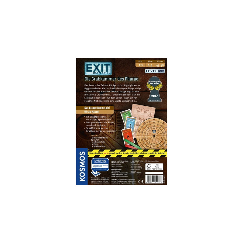 KOSMOS EXIT - Das Spiel - Die Grabkammer des Pharao, Partyspiel(Kennerspiel des Jahres 2017)