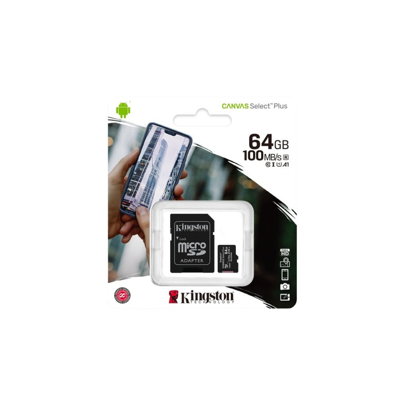 Kingston Canvas Select Plus 64 GB microSDXC, Speicherkarte(schwarz, UHS-I U1, Class 10, V10, A1)