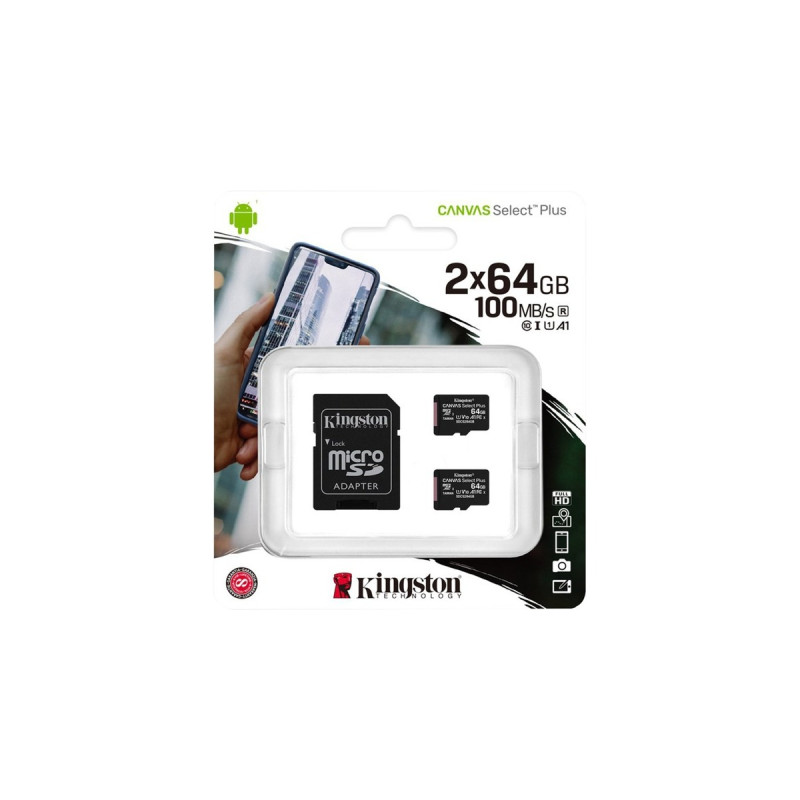 Kingston Canvas Select Plus 64 GB microSDXC, Speicherkarte(schwarz, 2er-Pack, UHS-I U1, Class 10, V10, A1)