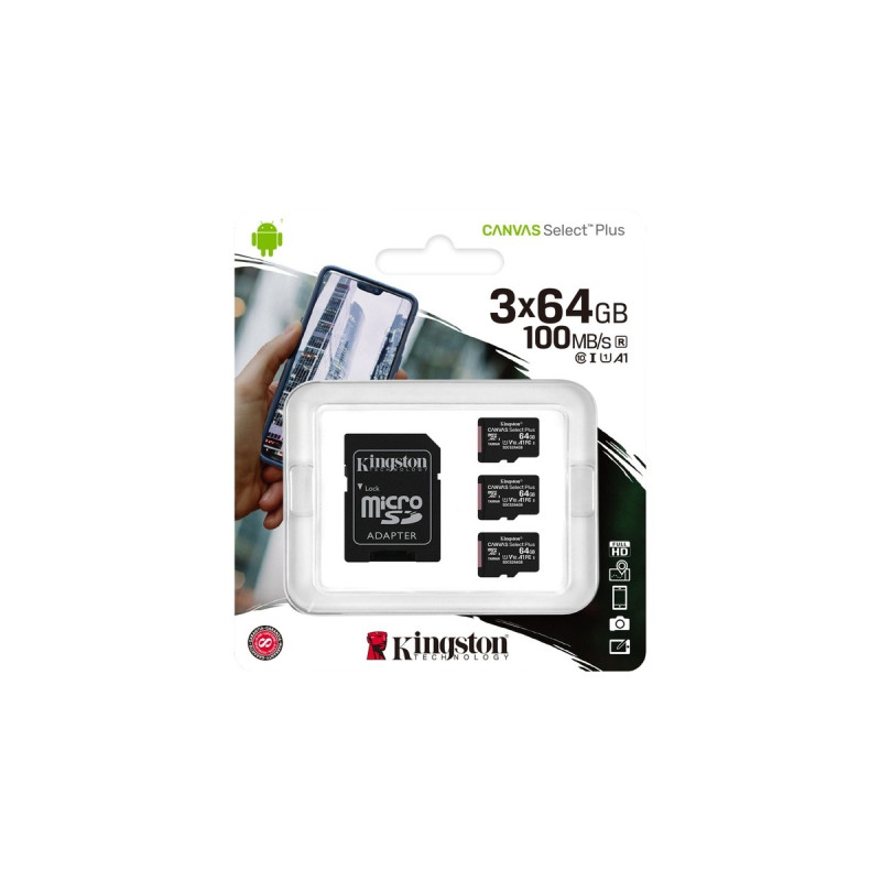 Kingston Canvas Select+ 64 GB microSDXC, Speicherkarte(schwarz, 3er-Pack, UHS-I U1, Class 10, V10, A1)