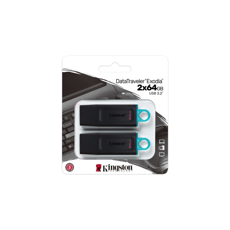 Kingston DataTraveler Exodia 64 GB 2er Pack, USB-Stick(schwarz/türkis, USB-A 3.2 Gen 1, 2 Sütck)