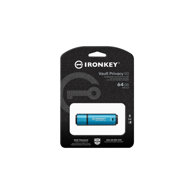 Kingston IronKey Vault Privacy 50 64 GB, USB-Stick(hellblau/schwarz, USB-A 3.2 Gen 1)