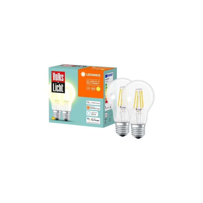 LEDVANCE SMART+ BT CLA60 60 6 W/2500K E27, LED-Lampe(2er-Pack, Filament, Bluetooth, ersetzt 60 Watt)