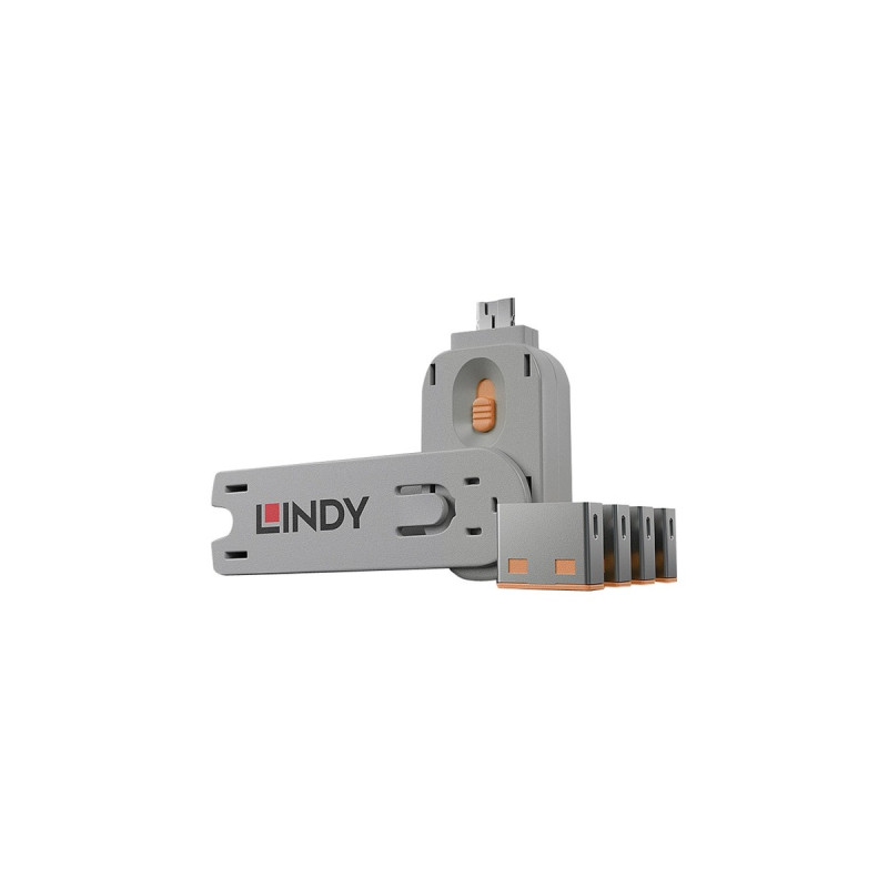 Lindy USB Port Schloss (4 Stück) mit Schlüssel, Diebstahlschutz(orange, Code: ORANGE)