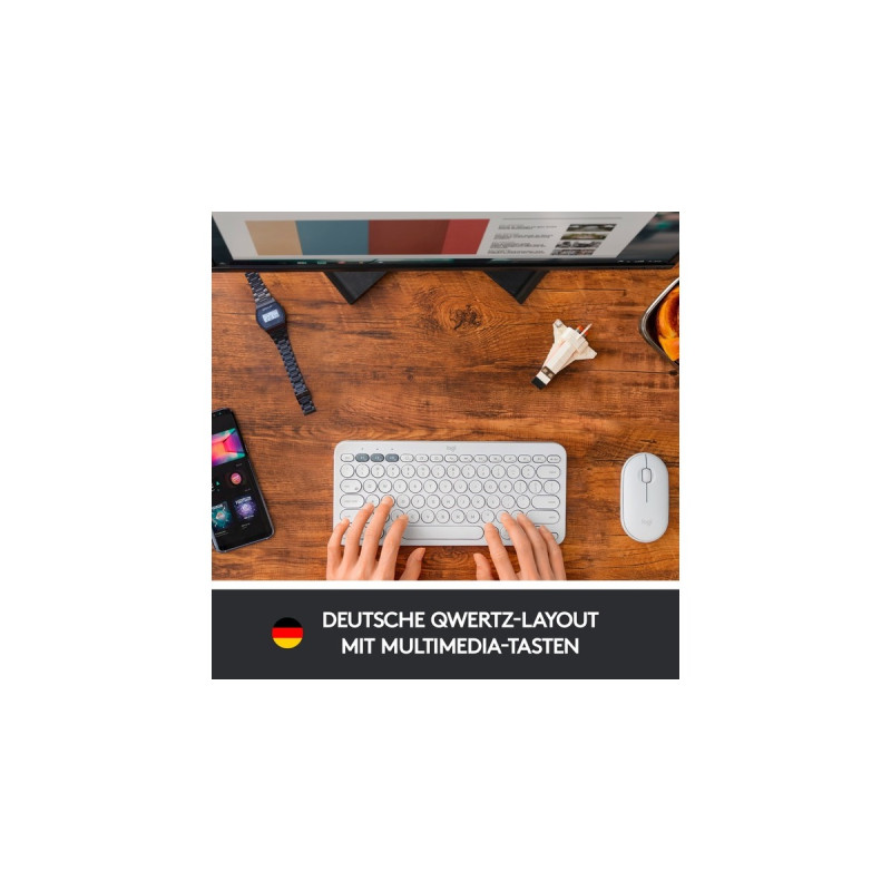 Logitech K380 Multi-Device, Tastatur(weiß, DE-Layout, Bluetooth, für Windows/macOS/iPadOS/Chrome OS/Android)