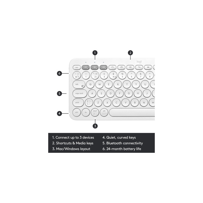 Logitech K380 Multi-Device, Tastatur(weiß, DE-Layout, Bluetooth, für Windows/macOS/iPadOS/Chrome OS/Android)