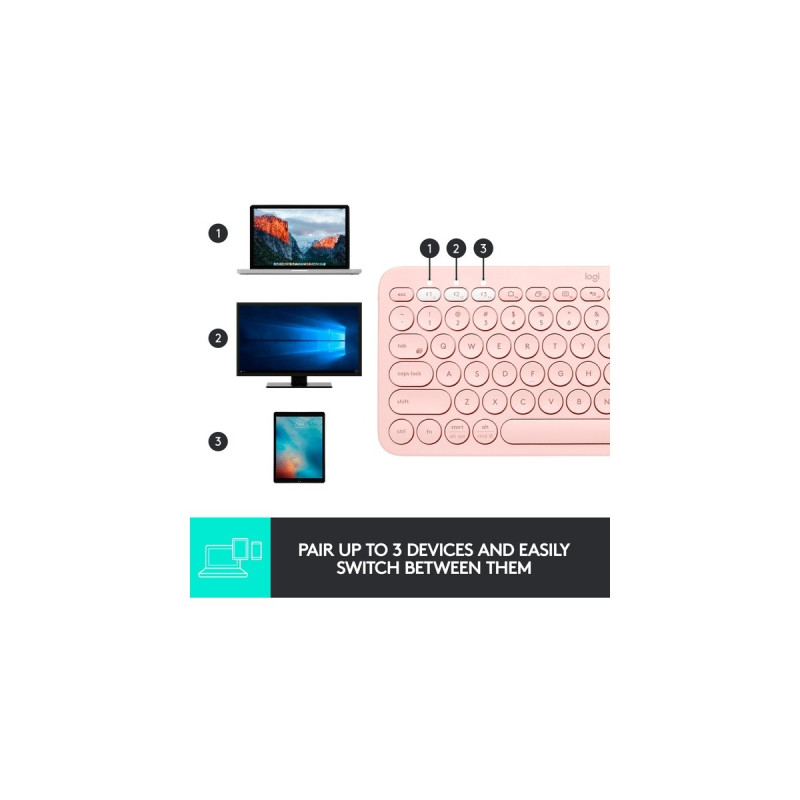 Logitech K380 Multi-Device, Tastatur(rosa, DE-Layout, Bluetooth, für Windows/macOS/iPadOS/Chrome OS/Android)