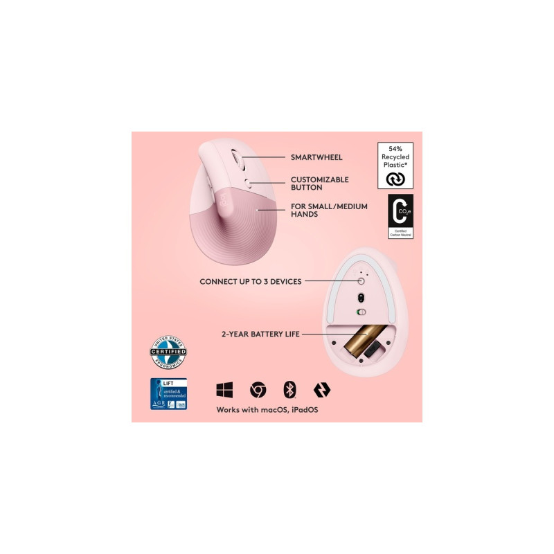 Logitech Lift, Maus(rosa, Logi Bolt, Bluetooth, Windows/macOS/iPadOS)